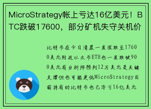 MicroStrategy帐上亏达16亿美元！BTC跌破17600，部分矿机失守关机价