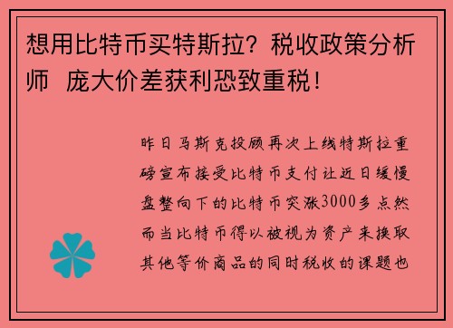 想用比特币买特斯拉？税收政策分析师  庞大价差获利恐致重税！